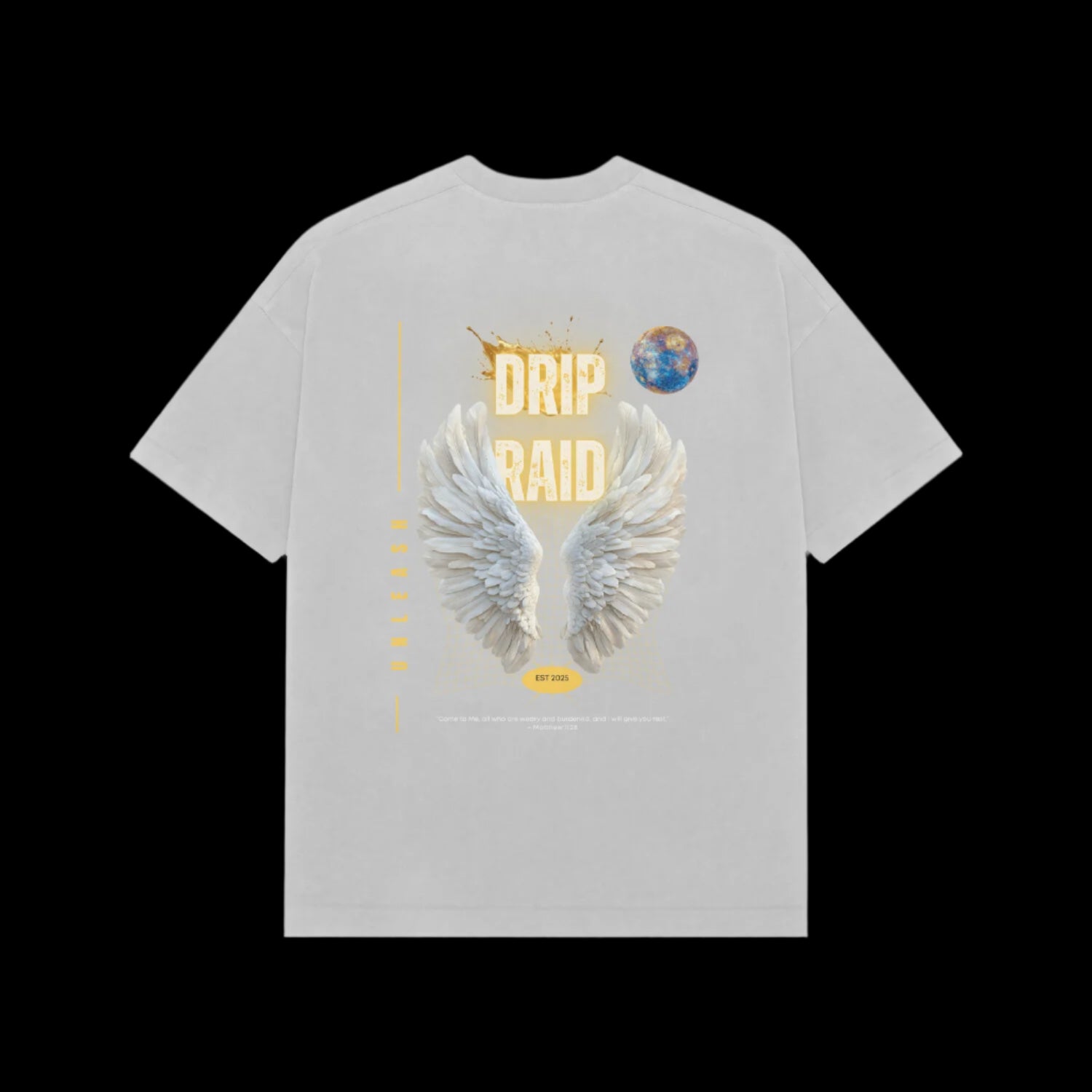 Drip Raid graphic tee white OS tee with angel wings and earth design on back