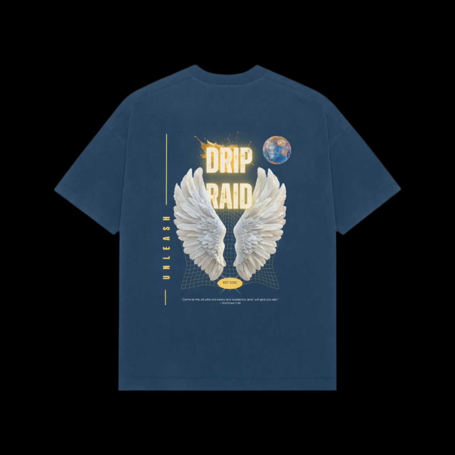 Drip Raid graphic tee in blue with angel wings, earth design, and unleash text on back