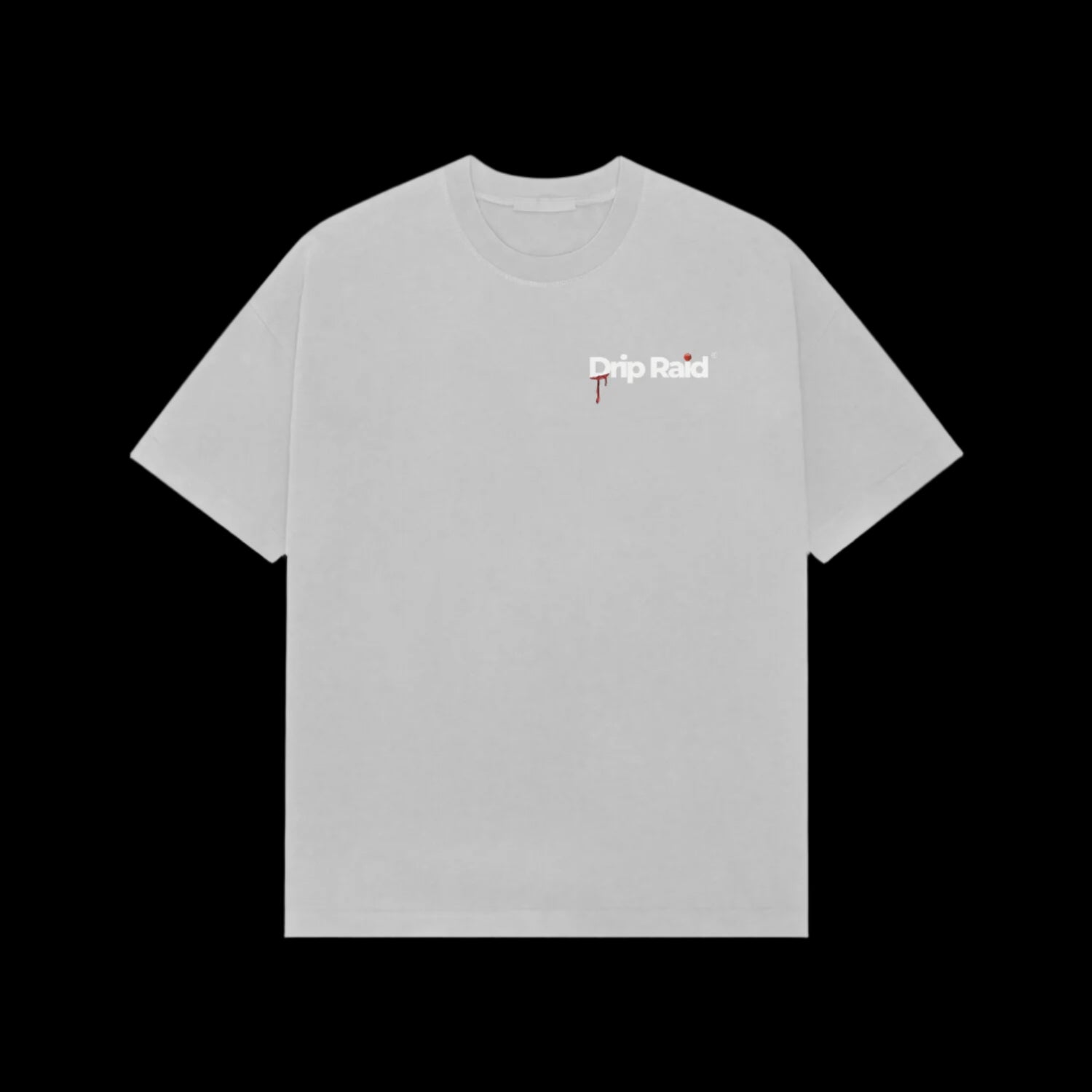 Gray OS Tee featuring small white and red Drip Raid graphic tee logo on chest